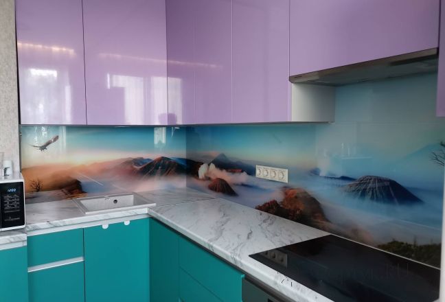 Фартук фото: гейзеры и чистое небо, заказ #ИНУТ-12829, Фиолетовая кухня.