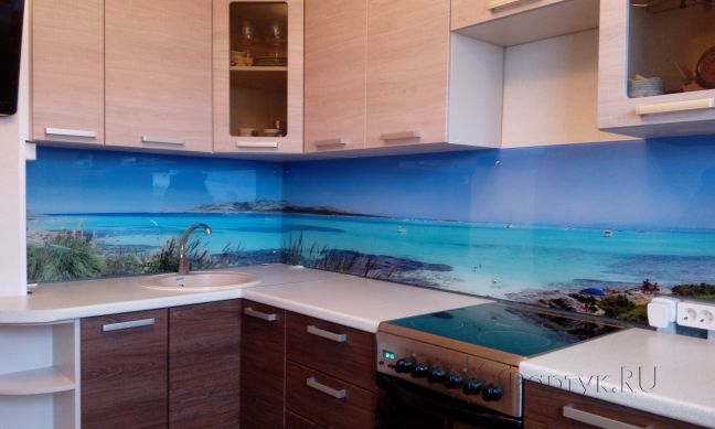 Фартук с фотопечатью фото: голубая лагуна и песчаный берег, заказ #ИНУТ-137, Коричневая кухня.