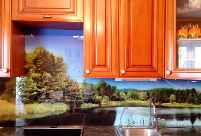 Фартук с фотопечатью фото: голубое небо, озеро мечты, заказ #УТ-1401, Коричневая кухня. Изображение 111436