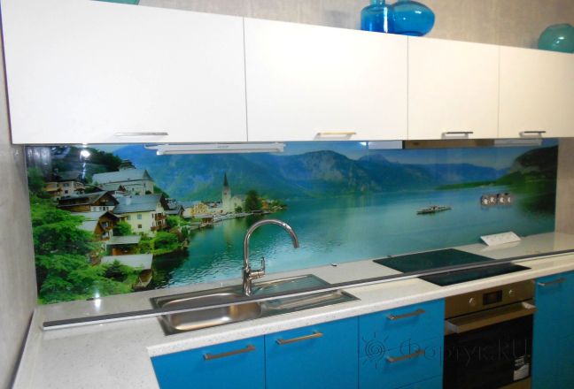 Стеклянная фото панель: голубое озеро у подножья гор, заказ #УТ-1935, Синяя кухня.