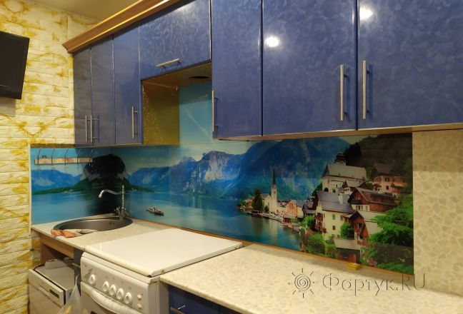 Стеклянная фото панель: голубое озеро у подножья гор, заказ #ИНУТ-10026, Синяя кухня. Изображение 181726