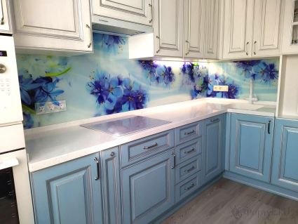 Стеклянная фото панель: голубые цветы, заказ #ИНУТ-6853, Синяя кухня.