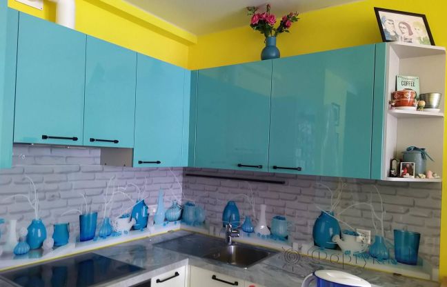 Стеклянная фото панель: голубые вазы, заказ #ИНУТ-7232, Синяя кухня.