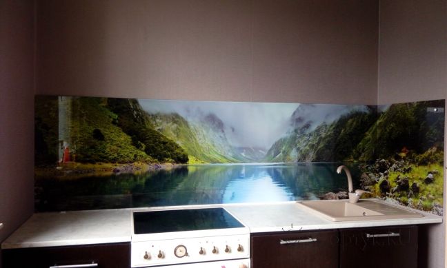 Фартук с фотопечатью фото: горное озеро, заказ #УТ-2181, Коричневая кухня.