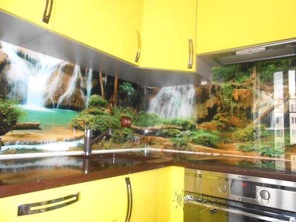 Скинали для кухни фото: горные водопады., заказ #SK-917, Желтая кухня.