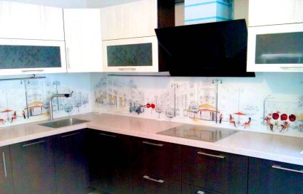 Фартук с фотопечатью фото: город, кафе, заказ #S-528, Коричневая кухня.