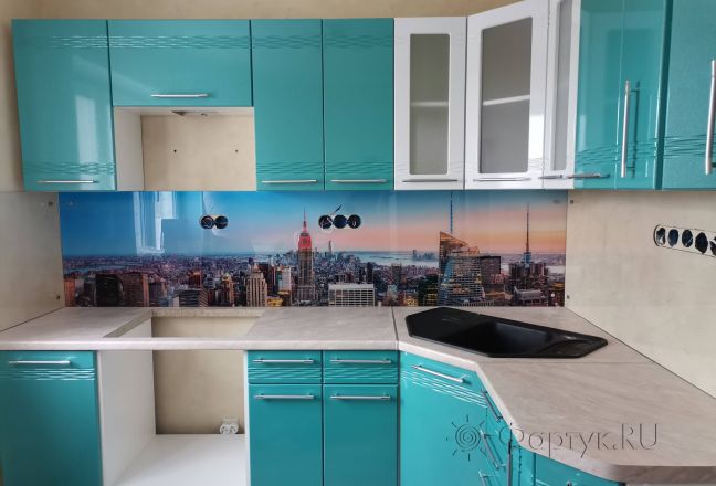 Стеклянная фото панель: городской пейзаж, заказ #ИНУТ-11790, Синяя кухня.