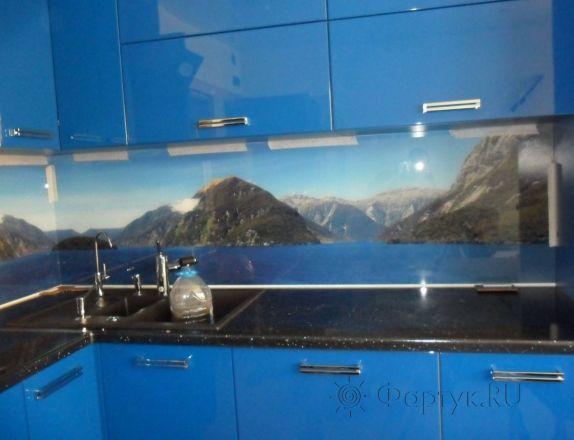 Стеклянная фото панель: горы и море., заказ #S-1333, Синяя кухня.