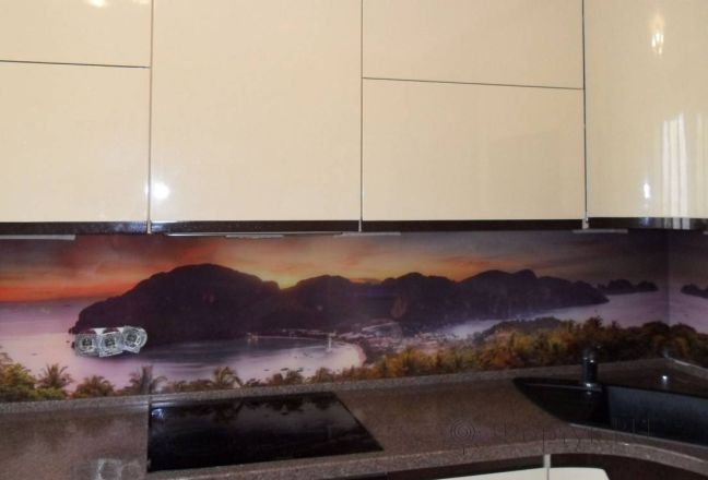 Фартук для кухни фото: горы на закате. , заказ #S-1240, Белая кухня.