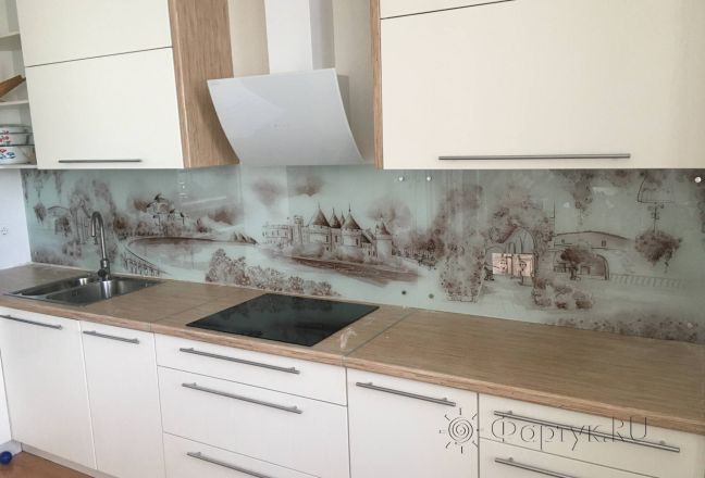 Фартук для кухни фото: иллюстрация город в коричневых тонах, заказ #КРУТ-2690, Белая кухня.