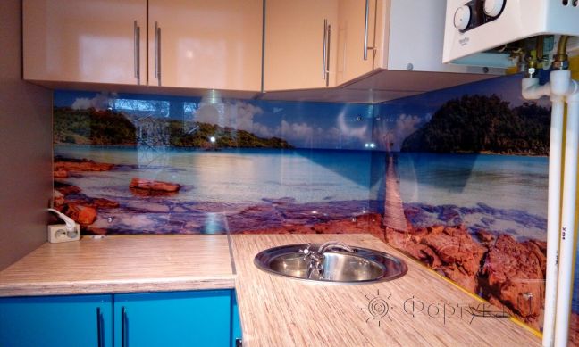 Стеклянная фото панель: каменистый берег моря, заказ #УТ-1277, Синяя кухня.