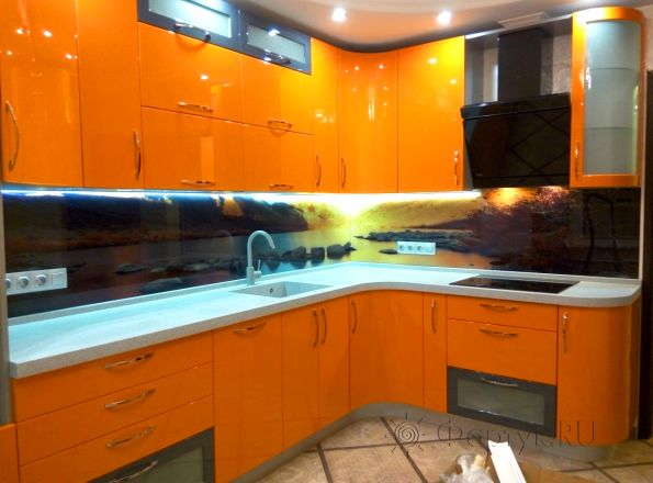 Фартук стекло фото: камни у горной реки, заказ #УТ-428, Оранжевая кухня.