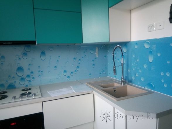 Стеклянная фото панель: капли, заказ #КРУТ-942, Синяя кухня.