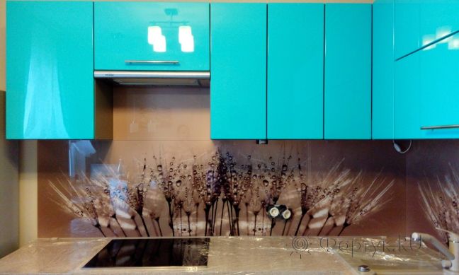 Стеклянная фото панель: капли росы, заказ #УТ-1989, Синяя кухня.