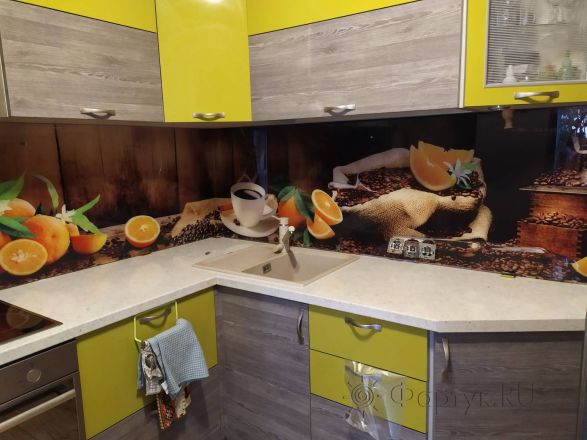 Скинали для кухни фото: кофе и апельсины, заказ #ИНУТ-4184, Желтая кухня.