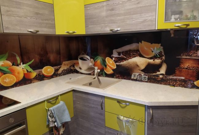 Скинали для кухни фото: кофе и апельсины, заказ #ИНУТ-4184, Желтая кухня.