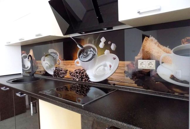 Фартук для кухни фото: кофейный хаос, заказ #УТ-436, Белая кухня.