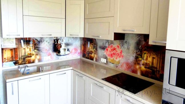 Фартук для кухни фото: кофейный коллаж с цветами., заказ #S-423, Белая кухня.