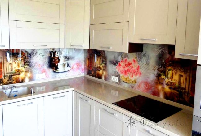 Фартук для кухни фото: кофейный коллаж с цветами., заказ #S-423, Белая кухня.