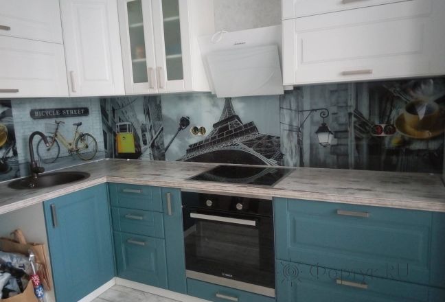 Стеклянная фото панель: коллаж, заказ #КРУТ-892, Синяя кухня. Изображение 181388