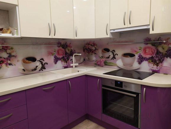 Фартук фото: коллаж букет и кофе, заказ #ИНУТ-4422, Фиолетовая кухня.