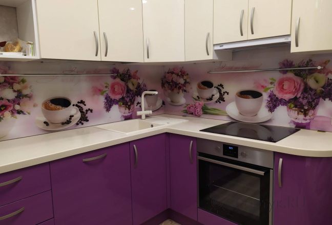 Фартук фото: коллаж букет и кофе, заказ #ИНУТ-4422, Фиолетовая кухня. Изображение 247592