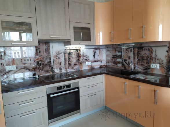 Фартук стекло фото: коллаж дома, заказ #ИНУТ-10242, Оранжевая кухня.