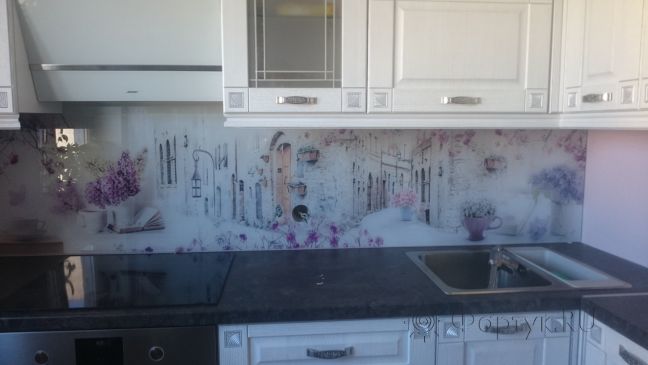 Фартук для кухни фото: коллаж город и цветы, заказ #КРУТ-024, Белая кухня.