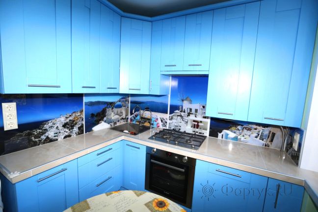 Стеклянная фото панель: коллаж города, заказ #УТ-924, Синяя кухня.
