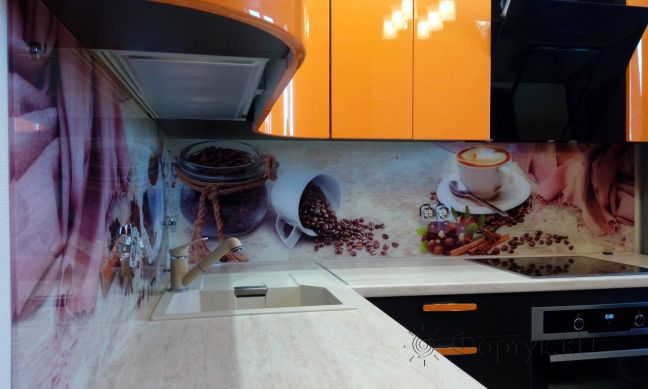 Фартук стекло фото: коллаж кофе, заказ #УТ-1646, Оранжевая кухня.