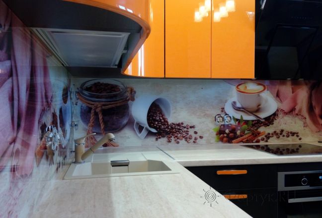 Фартук стекло фото: коллаж кофе, заказ #УТ-1646, Оранжевая кухня.