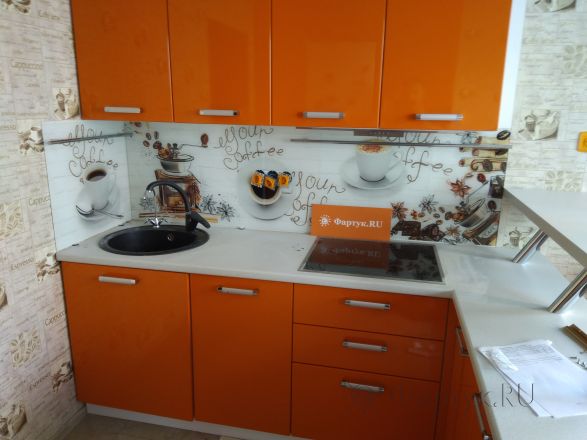 Фартук стекло фото: коллаж: кофе-брейк, заказ #ГМУТ-584, Оранжевая кухня.