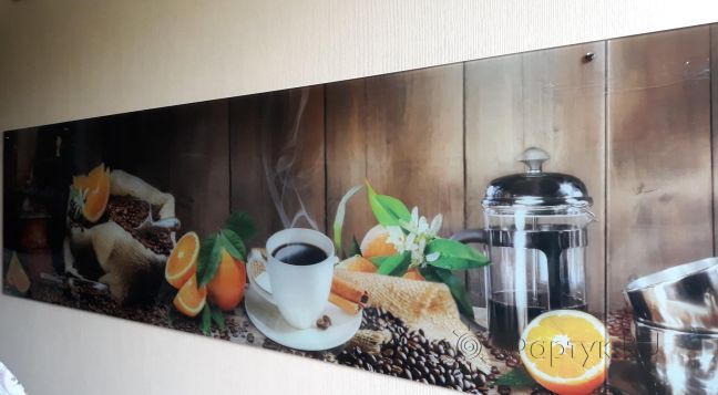 Фартук для кухни фото: коллаж кофе и апельсин, заказ #ИНУТ-1805, Белая кухня.
