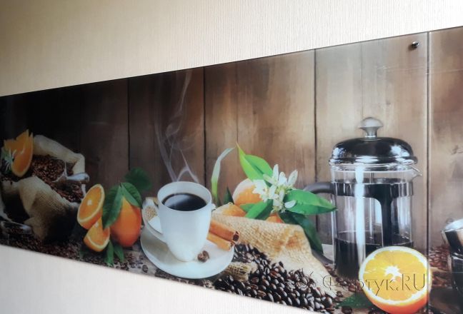 Фартук для кухни фото: коллаж кофе и апельсин, заказ #ИНУТ-1805, Белая кухня. Изображение 214682
