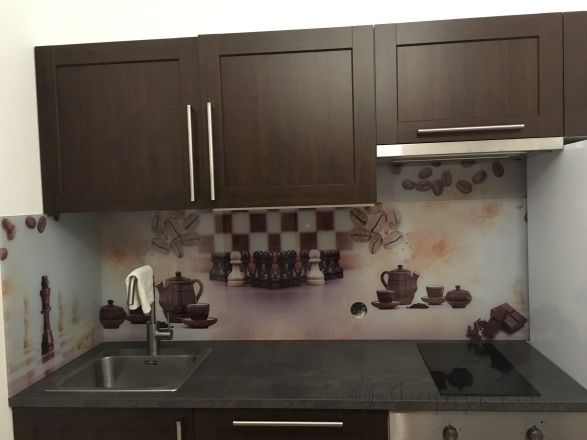 Фартук с фотопечатью фото: коллаж: кофе, сладости и шахматы, заказ #КРУТ-323, Коричневая кухня.