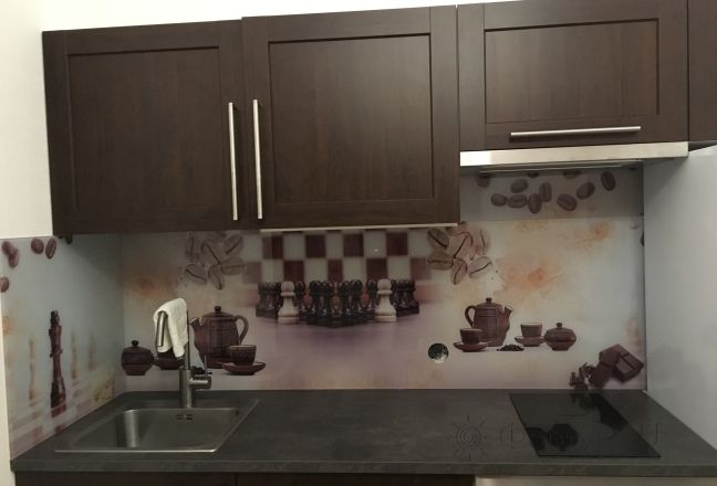 Фартук с фотопечатью фото: коллаж: кофе, сладости и шахматы, заказ #КРУТ-323, Коричневая кухня. Изображение 205212