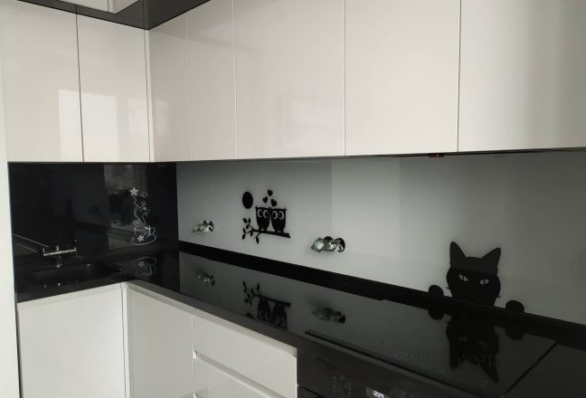 Фартук для кухни фото: кошка, совы и чашка кофе, заказ #ИНУТ-8277, Белая кухня.