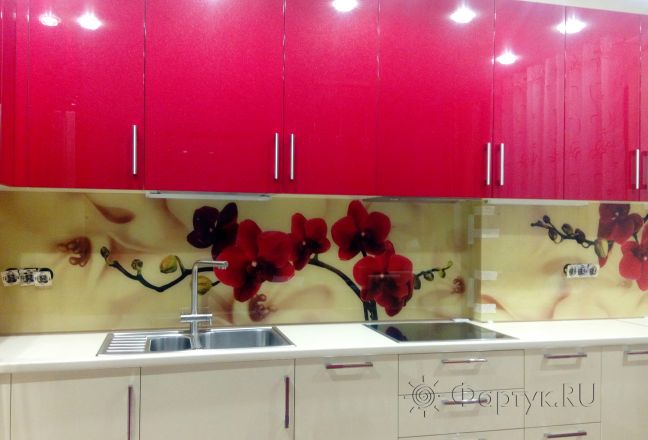 Фартук для кухни фото: красные орхидеи, заказ #ИНУТ-622, Белая кухня. Изображение 186016