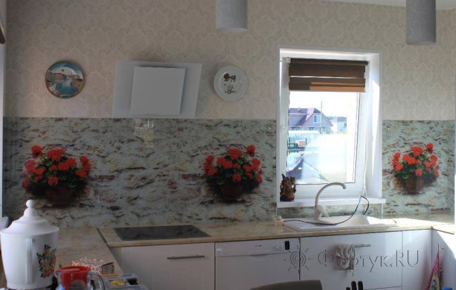 Фартук для кухни фото: красные цветы в горшочках на стене., заказ #УТ-024, Белая кухня.