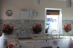 Фартук для кухни фото: красные цветы в горшочках на стене., заказ #УТ-024, Белая кухня.