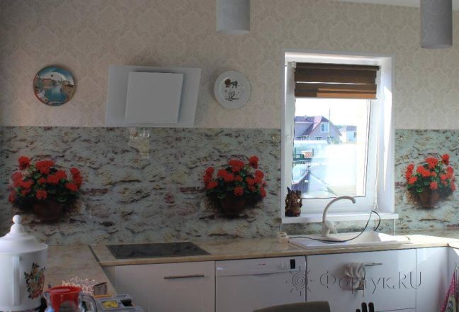 Фартук для кухни фото: красные цветы в горшочках на стене., заказ #УТ-024, Белая кухня. Изображение 111842