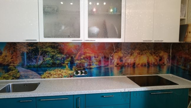 Стеклянная фото панель: красоты природы, заказ #КРУТ-063, Синяя кухня.