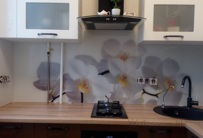 Фартук для кухни фото: крупные белые орхидеи, заказ #ИНУТ-645, Белая кухня. Изображение 80516