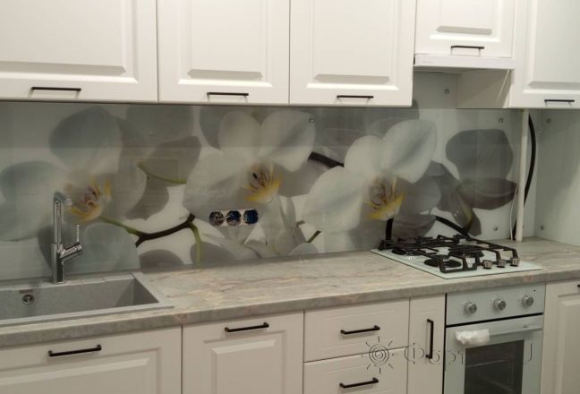 Фартук для кухни фото: крупные белые орхидеи, заказ #ИНУТ-16704, Белая кухня. Изображение 80516