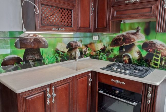Фартук с фотопечатью фото: крупные грибы, заказ #КРУТ-3759, Коричневая кухня.