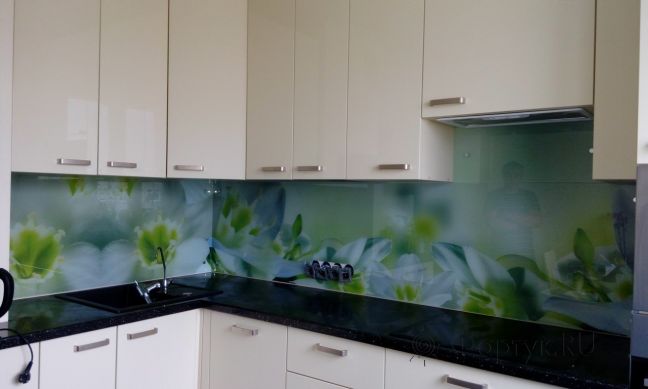 Фартук для кухни фото: крупные орхидеи, заказ #УТ-973, Белая кухня.