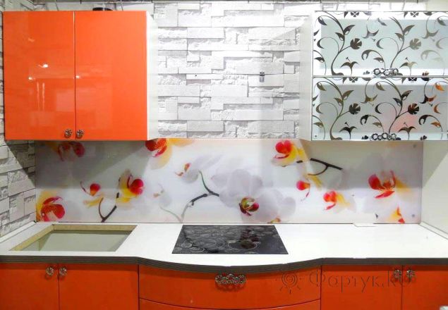Фартук стекло фото: крупные орхидеи , заказ #S-885, Оранжевая кухня.