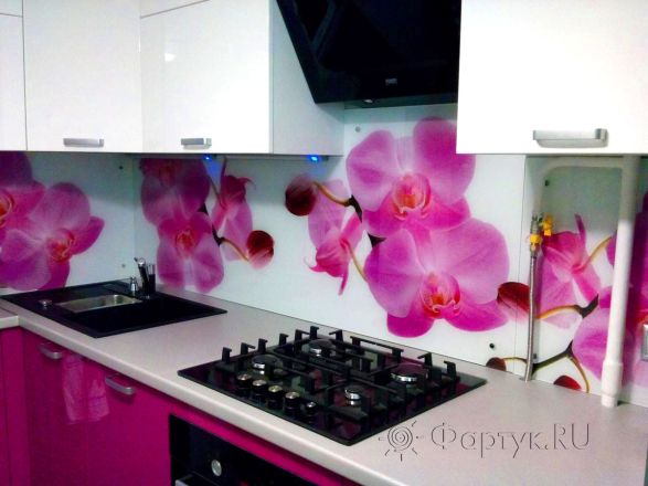 Фартук фото: крупные розовые орхидеи., заказ #S-248, Фиолетовая кухня.