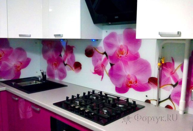 Фартук фото: крупные розовые орхидеи., заказ #S-248, Фиолетовая кухня.
