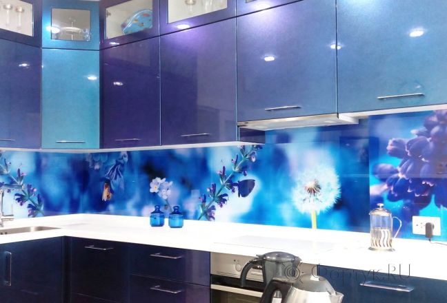 Стеклянная фото панель: крупные цветы, заказ #УТ-1278, Синяя кухня.